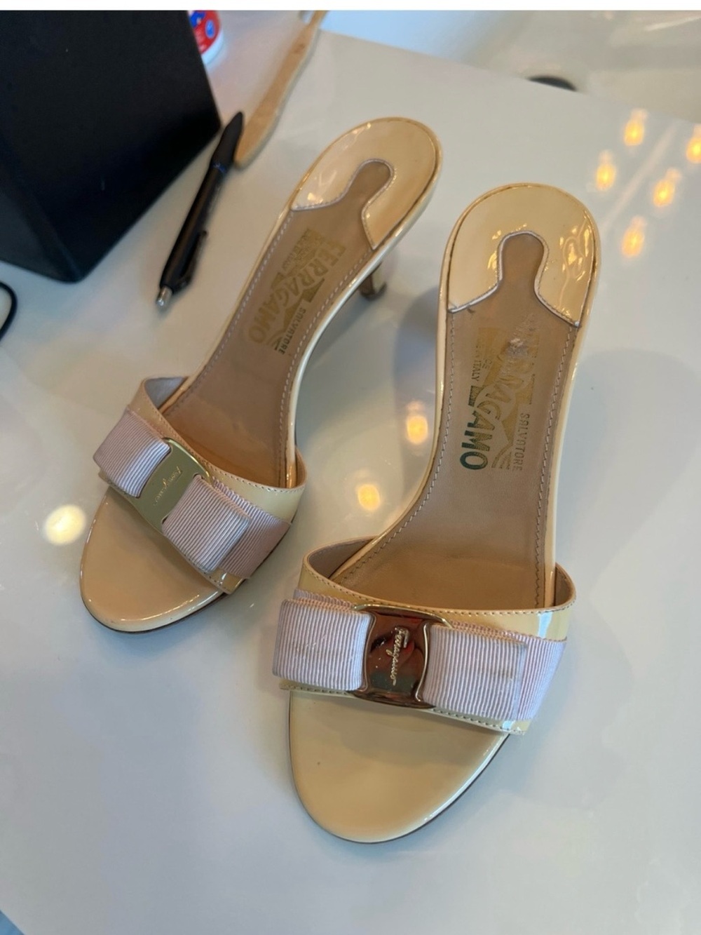 Salvatore Ferragamo Patent Leather Slide Heels in Cream with Pale Pink Bow
